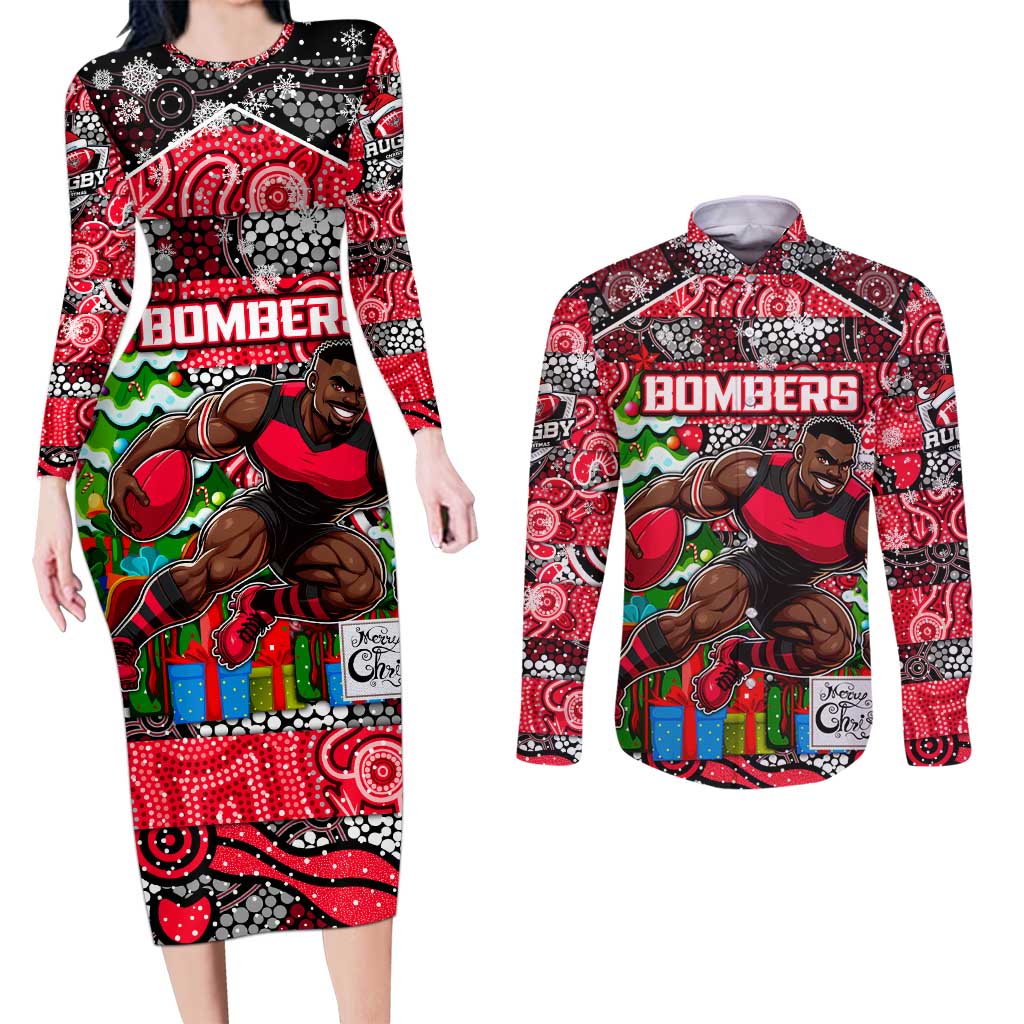Custom Bombers Rugby Merry Christmas Couples Matching Long Sleeve Bodycon Dress and Long Sleeve Button Shirt Indigenous Australian Art