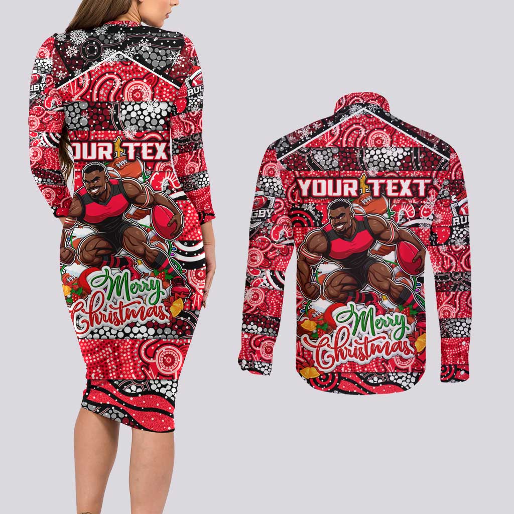 Custom Bombers Rugby Merry Christmas Couples Matching Long Sleeve Bodycon Dress and Long Sleeve Button Shirt Indigenous Australian Art