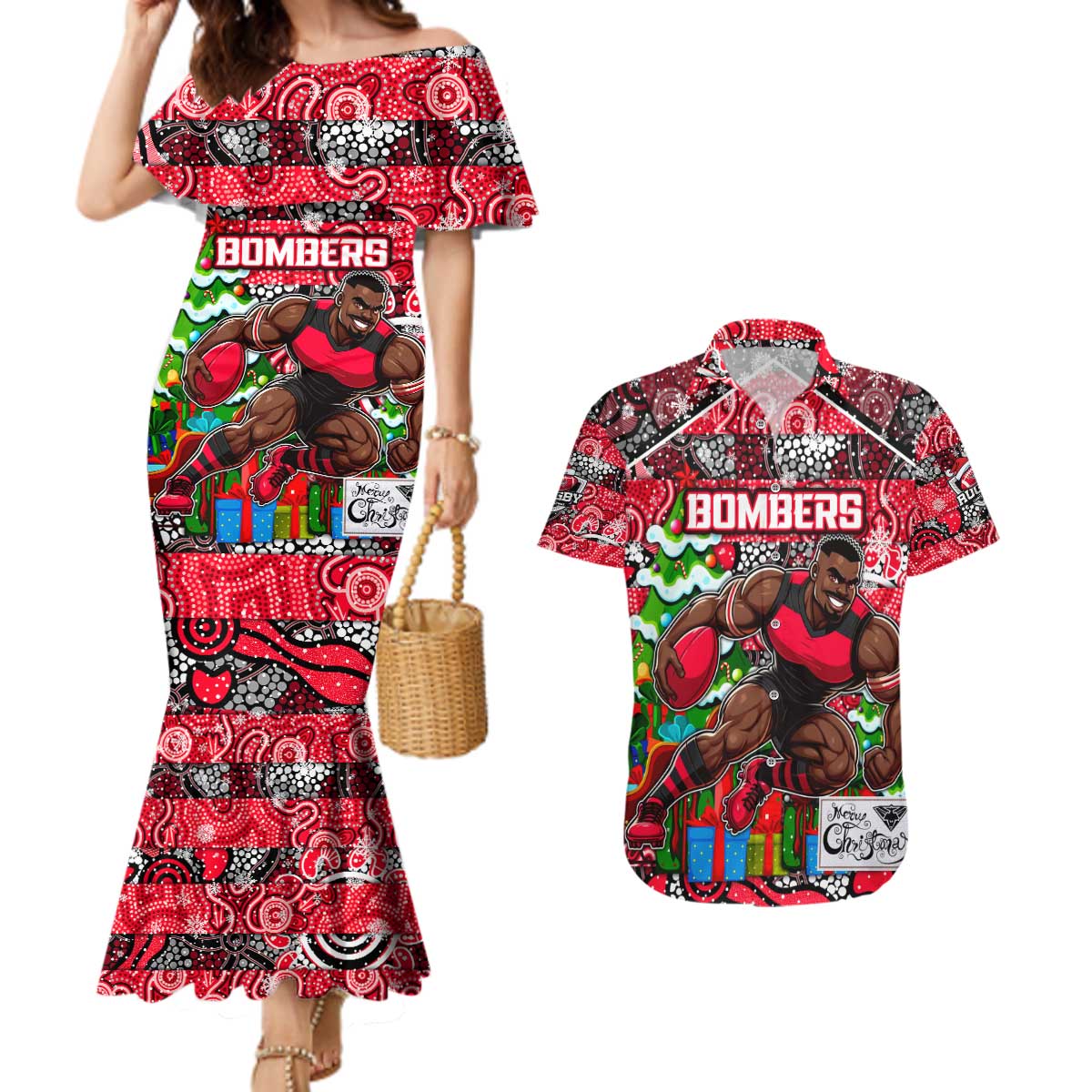 Custom Bombers Rugby Merry Christmas Couples Matching Mermaid Dress and Hawaiian Shirt Indigenous Australian Art