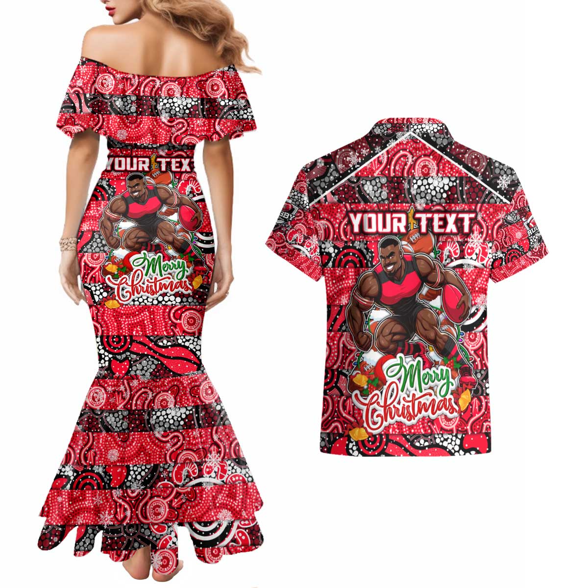 Custom Bombers Rugby Merry Christmas Couples Matching Mermaid Dress and Hawaiian Shirt Indigenous Australian Art