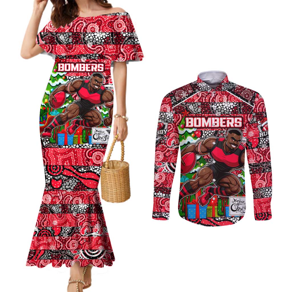 Custom Bombers Rugby Merry Christmas Couples Matching Mermaid Dress and Long Sleeve Button Shirt Indigenous Australian Art