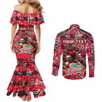 Custom Bombers Rugby Merry Christmas Couples Matching Mermaid Dress and Long Sleeve Button Shirt Indigenous Australian Art