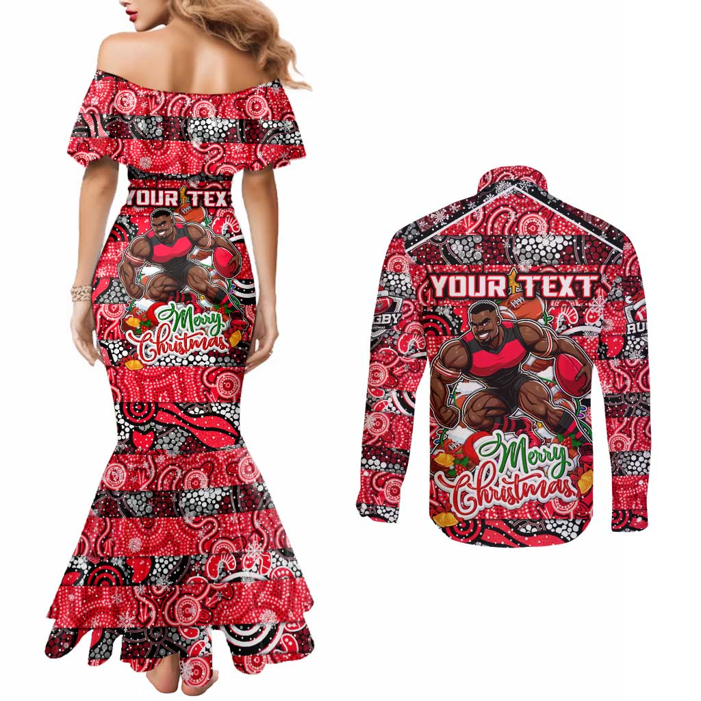 Custom Bombers Rugby Merry Christmas Couples Matching Mermaid Dress and Long Sleeve Button Shirt Indigenous Australian Art