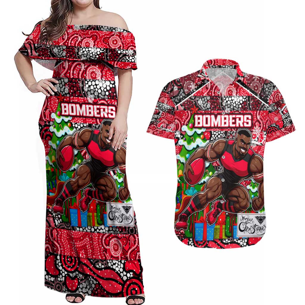 Custom Bombers Rugby Merry Christmas Couples Matching Off Shoulder Maxi Dress and Hawaiian Shirt Indigenous Australian Art