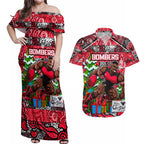 Custom Bombers Rugby Merry Christmas Couples Matching Off Shoulder Maxi Dress and Hawaiian Shirt Indigenous Australian Art