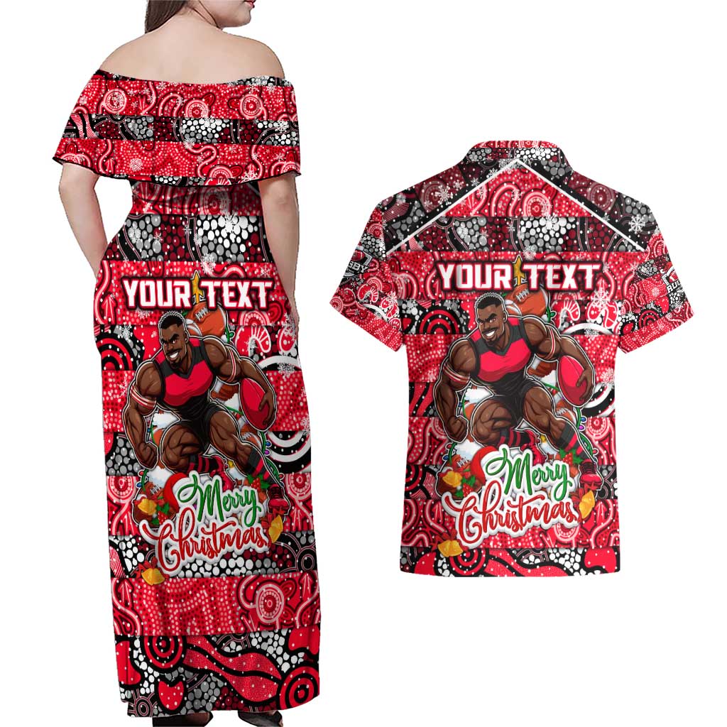 Custom Bombers Rugby Merry Christmas Couples Matching Off Shoulder Maxi Dress and Hawaiian Shirt Indigenous Australian Art
