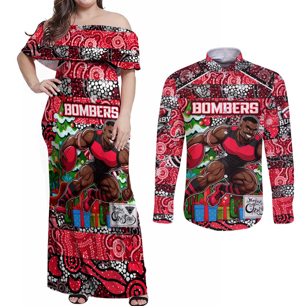 Custom Bombers Rugby Merry Christmas Couples Matching Off Shoulder Maxi Dress and Long Sleeve Button Shirt Indigenous Australian Art