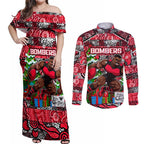 Custom Bombers Rugby Merry Christmas Couples Matching Off Shoulder Maxi Dress and Long Sleeve Button Shirt Indigenous Australian Art