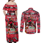 Custom Bombers Rugby Merry Christmas Couples Matching Off Shoulder Maxi Dress and Long Sleeve Button Shirt Indigenous Australian Art