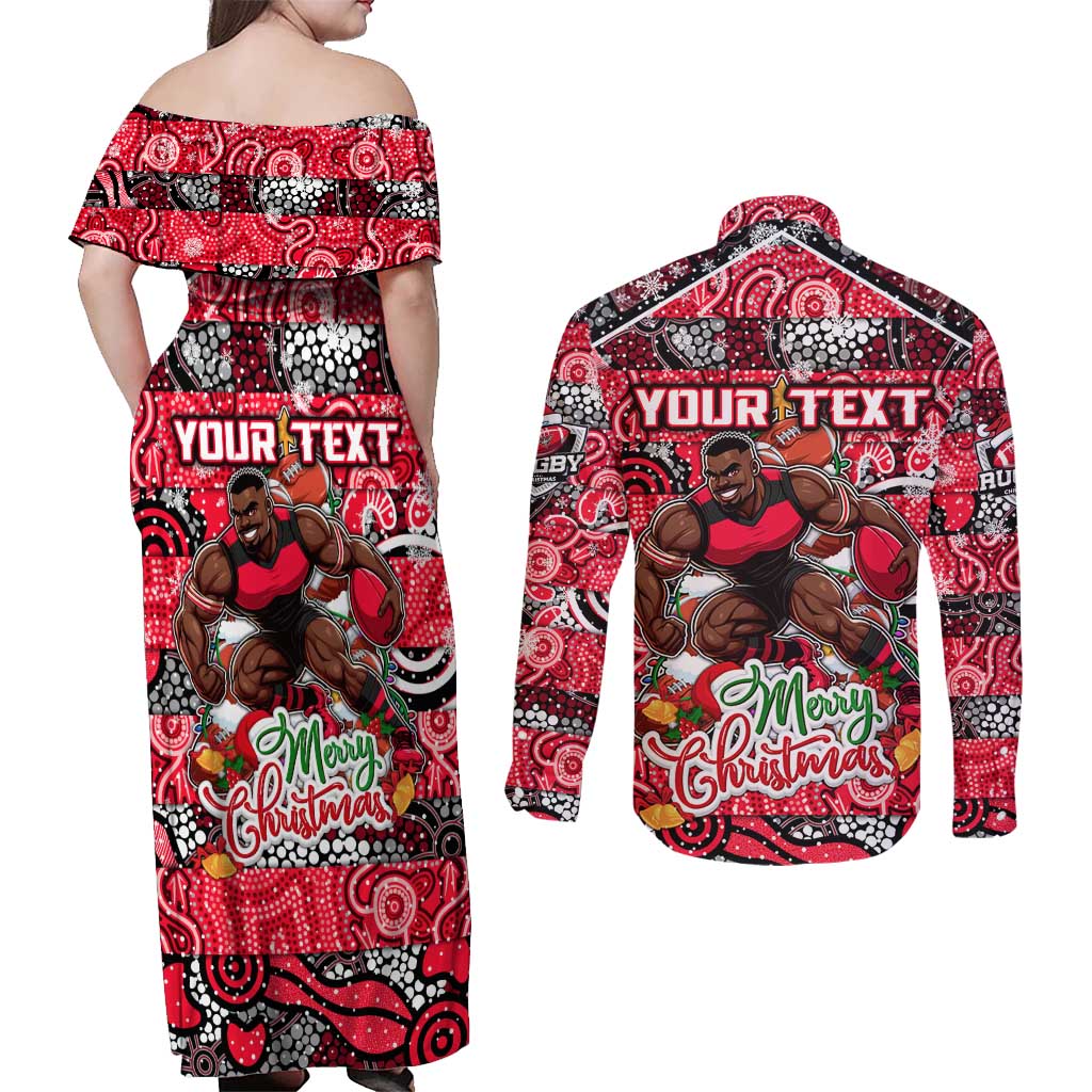 Custom Bombers Rugby Merry Christmas Couples Matching Off Shoulder Maxi Dress and Long Sleeve Button Shirt Indigenous Australian Art