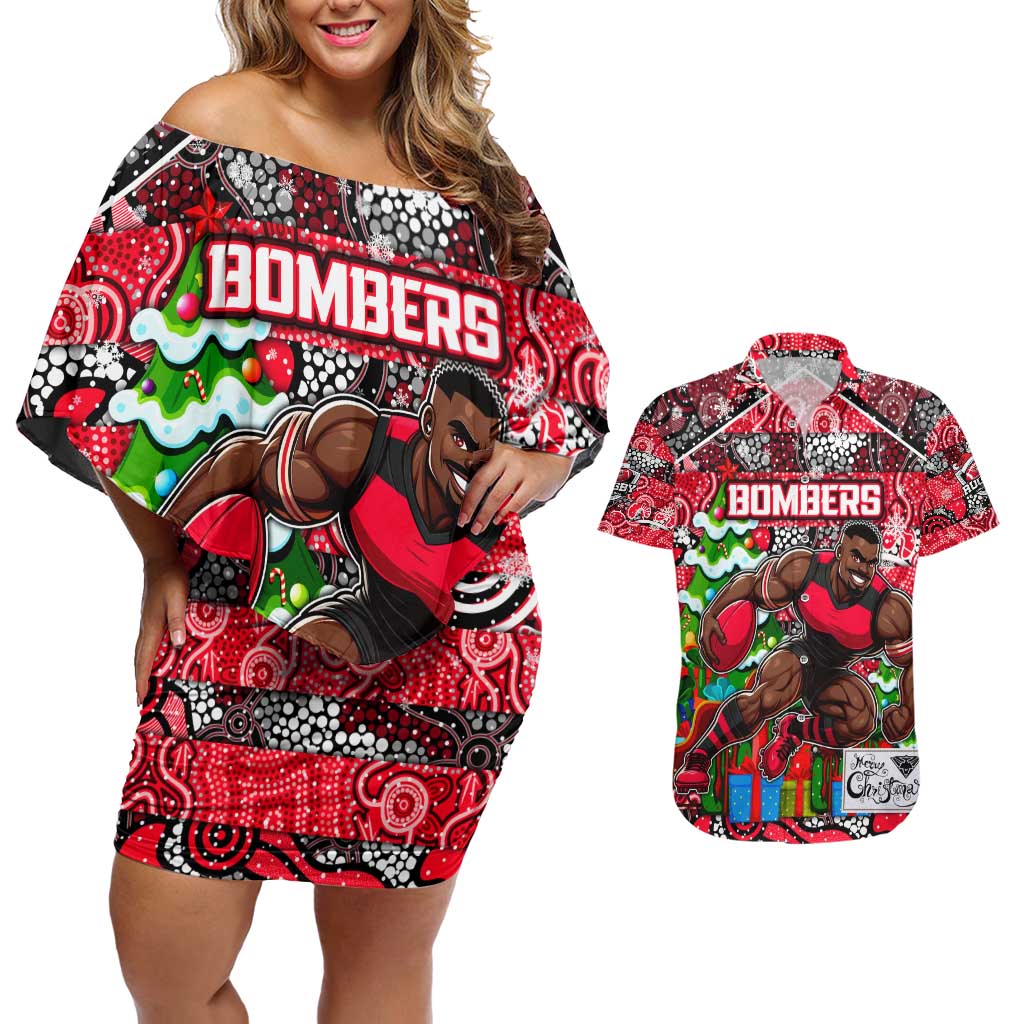 Custom Bombers Rugby Merry Christmas Couples Matching Off Shoulder Short Dress and Hawaiian Shirt Indigenous Australian Art