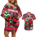 Custom Bombers Rugby Merry Christmas Couples Matching Off Shoulder Short Dress and Hawaiian Shirt Indigenous Australian Art