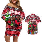 Custom Bombers Rugby Merry Christmas Couples Matching Off Shoulder Short Dress and Hawaiian Shirt Indigenous Australian Art