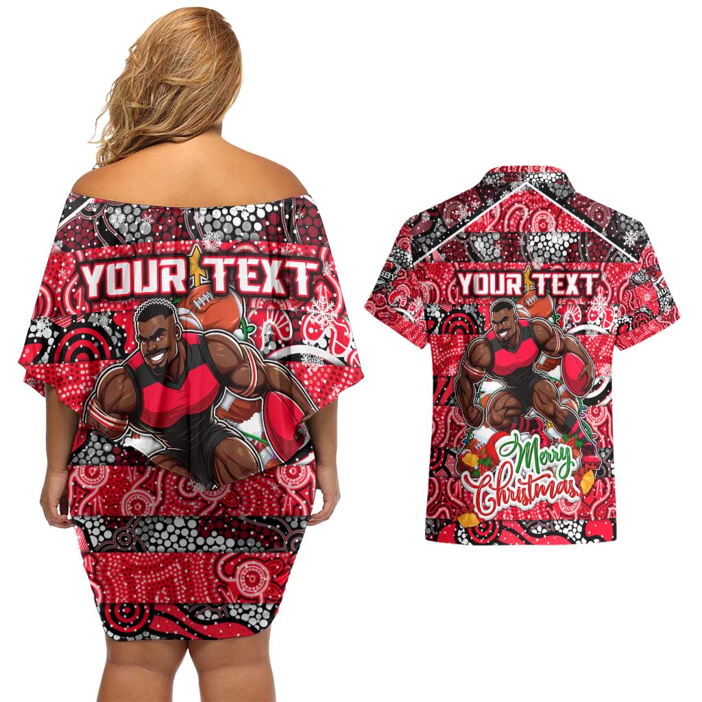 Custom Bombers Rugby Merry Christmas Couples Matching Off Shoulder Short Dress and Hawaiian Shirt Indigenous Australian Art