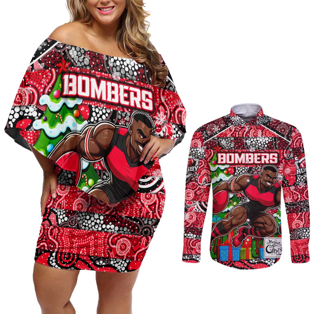Custom Bombers Rugby Merry Christmas Couples Matching Off Shoulder Short Dress and Long Sleeve Button Shirt Indigenous Australian Art