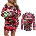 Custom Bombers Rugby Merry Christmas Couples Matching Off Shoulder Short Dress and Long Sleeve Button Shirt Indigenous Australian Art