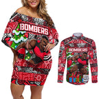 Custom Bombers Rugby Merry Christmas Couples Matching Off Shoulder Short Dress and Long Sleeve Button Shirt Indigenous Australian Art