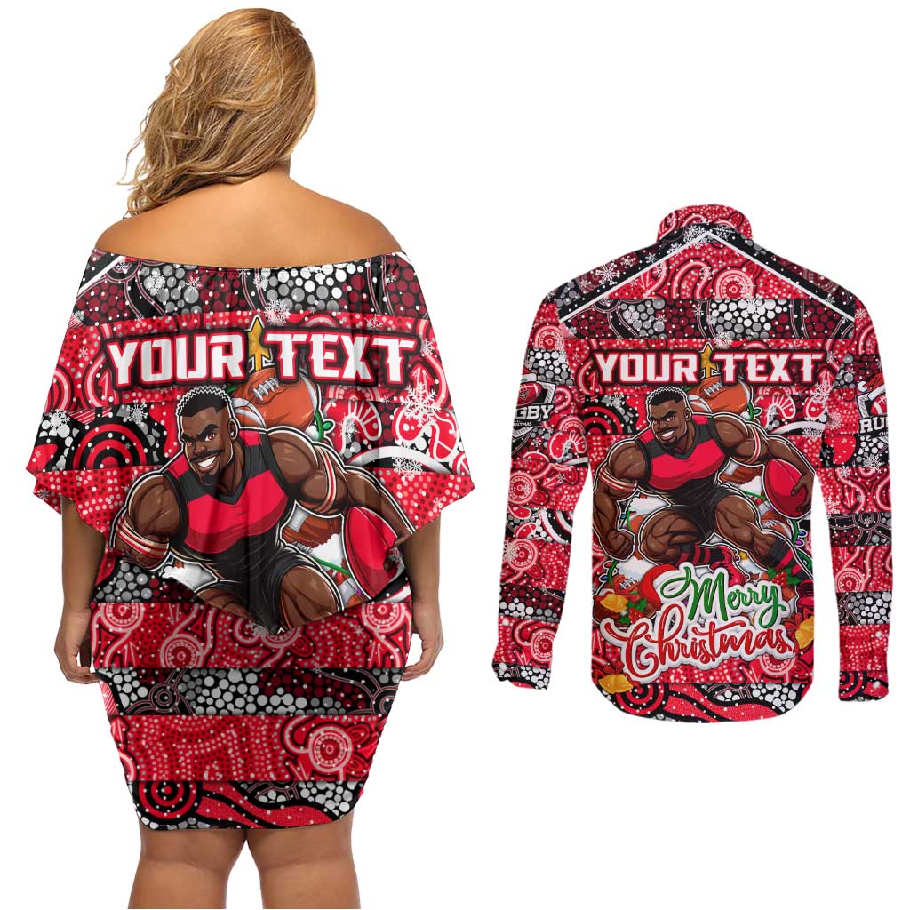 Custom Bombers Rugby Merry Christmas Couples Matching Off Shoulder Short Dress and Long Sleeve Button Shirt Indigenous Australian Art
