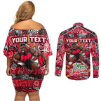 Custom Bombers Rugby Merry Christmas Couples Matching Off Shoulder Short Dress and Long Sleeve Button Shirt Indigenous Australian Art