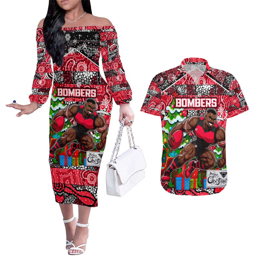 Custom Bombers Rugby Merry Christmas Couples Matching Off The Shoulder Long Sleeve Dress and Hawaiian Shirt Indigenous Australian Art