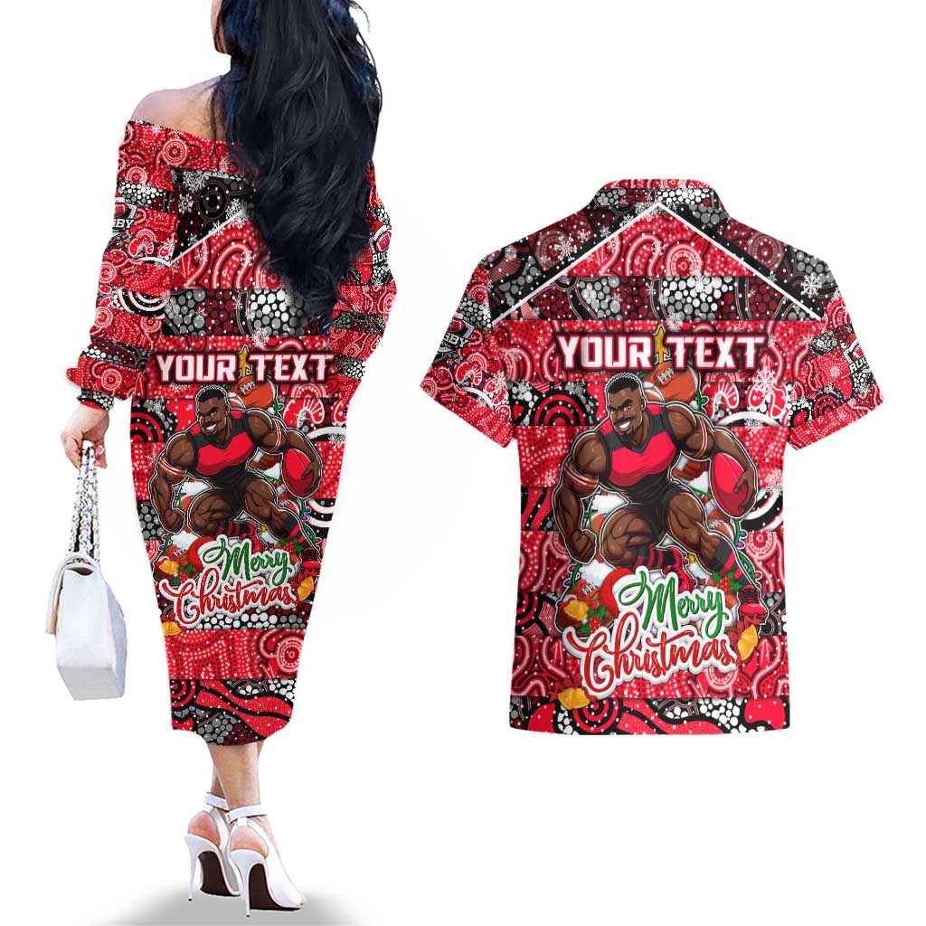 Custom Bombers Rugby Merry Christmas Couples Matching Off The Shoulder Long Sleeve Dress and Hawaiian Shirt Indigenous Australian Art