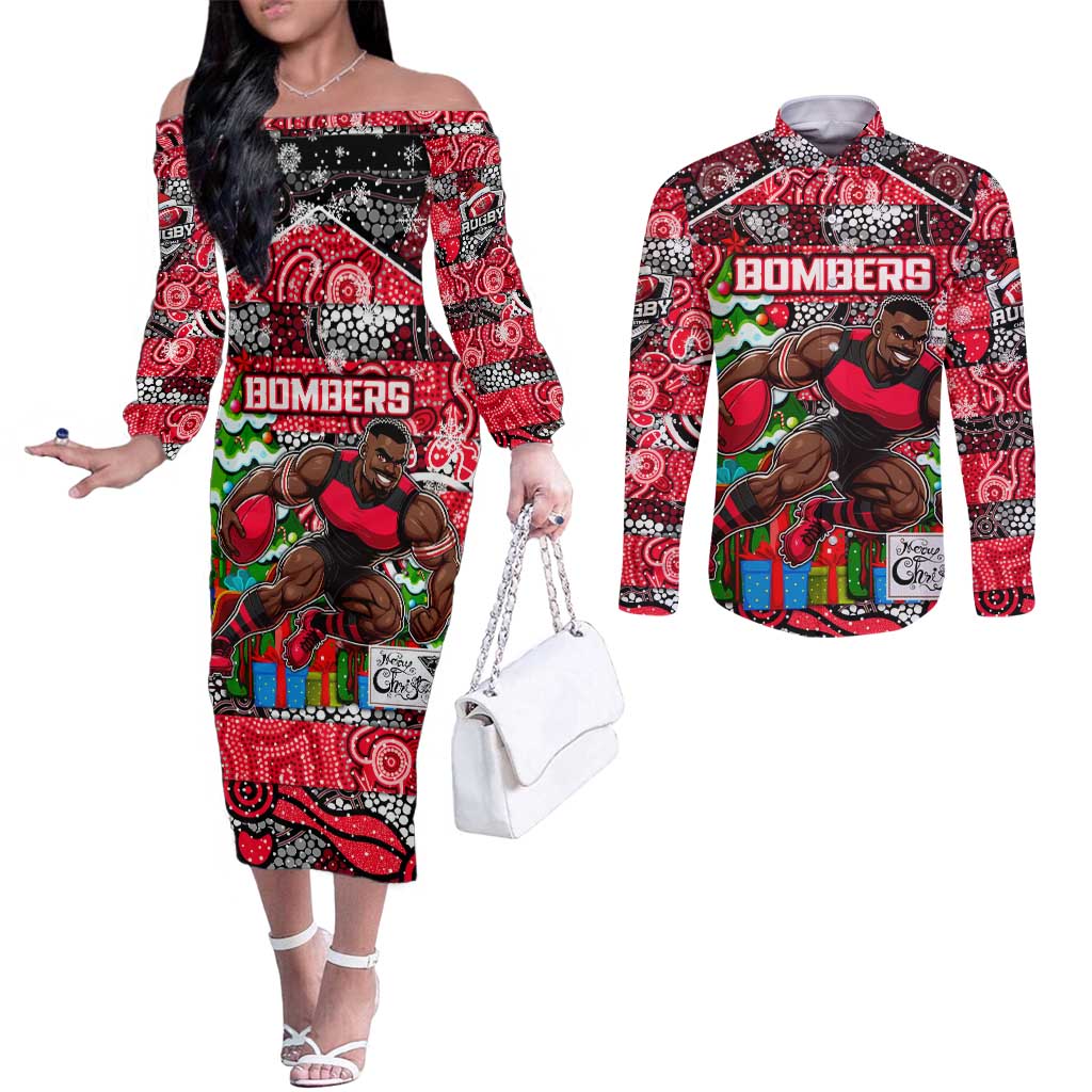 Custom Bombers Rugby Merry Christmas Couples Matching Off The Shoulder Long Sleeve Dress and Long Sleeve Button Shirt Indigenous Australian Art