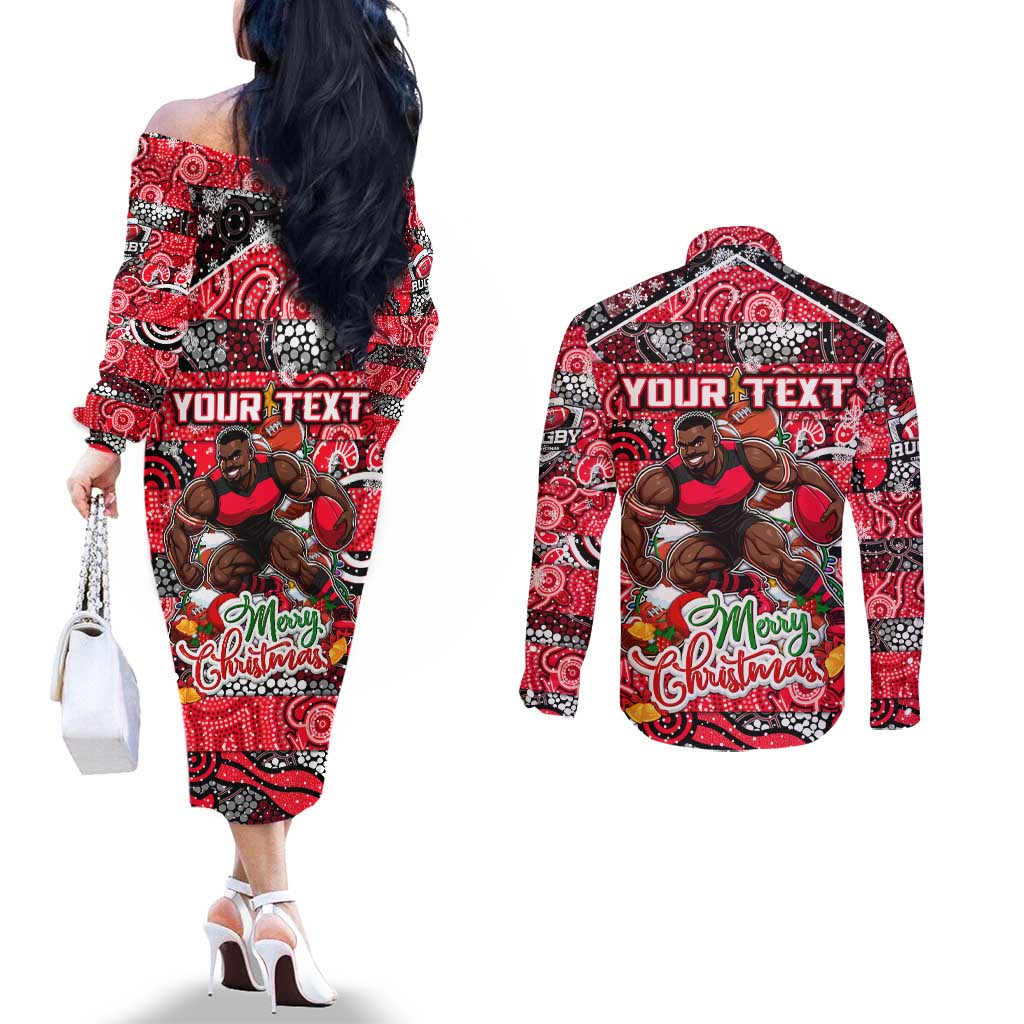 Custom Bombers Rugby Merry Christmas Couples Matching Off The Shoulder Long Sleeve Dress and Long Sleeve Button Shirt Indigenous Australian Art