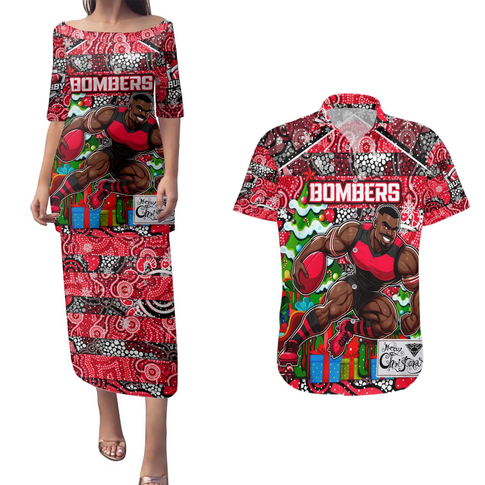 Custom Bombers Rugby Merry Christmas Couples Matching Puletasi and Hawaiian Shirt Indigenous Australian Art