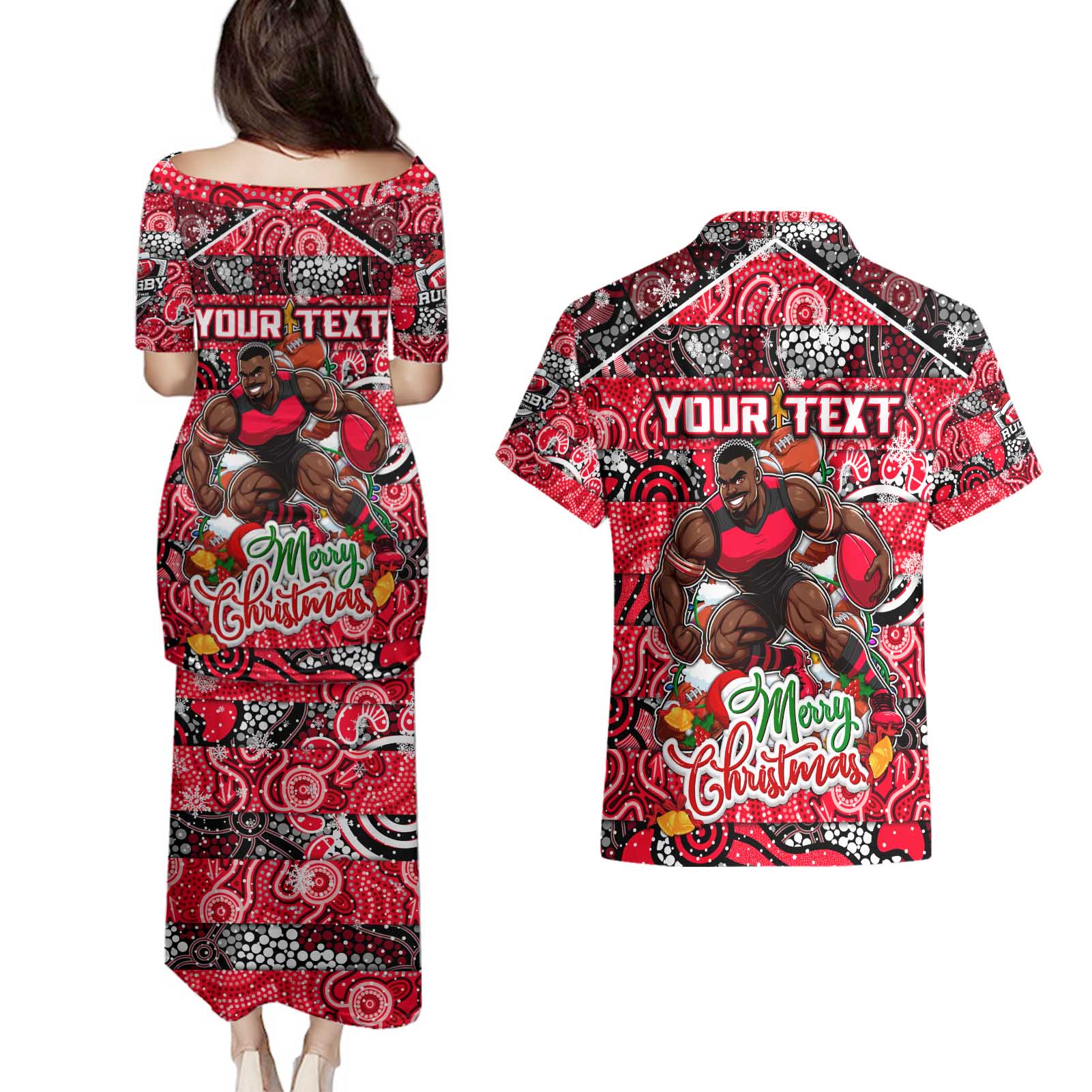 Custom Bombers Rugby Merry Christmas Couples Matching Puletasi and Hawaiian Shirt Indigenous Australian Art