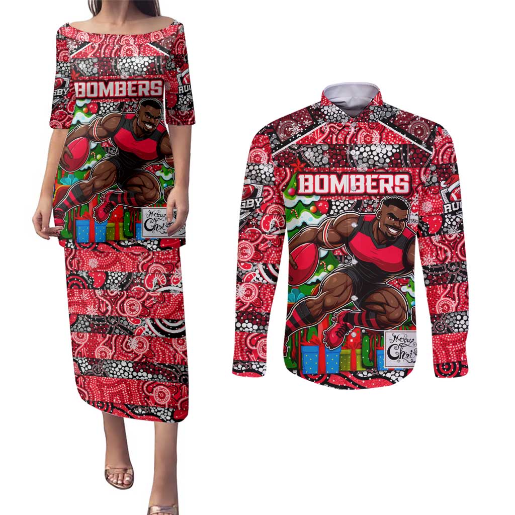Custom Bombers Rugby Merry Christmas Couples Matching Puletasi and Long Sleeve Button Shirt Indigenous Australian Art