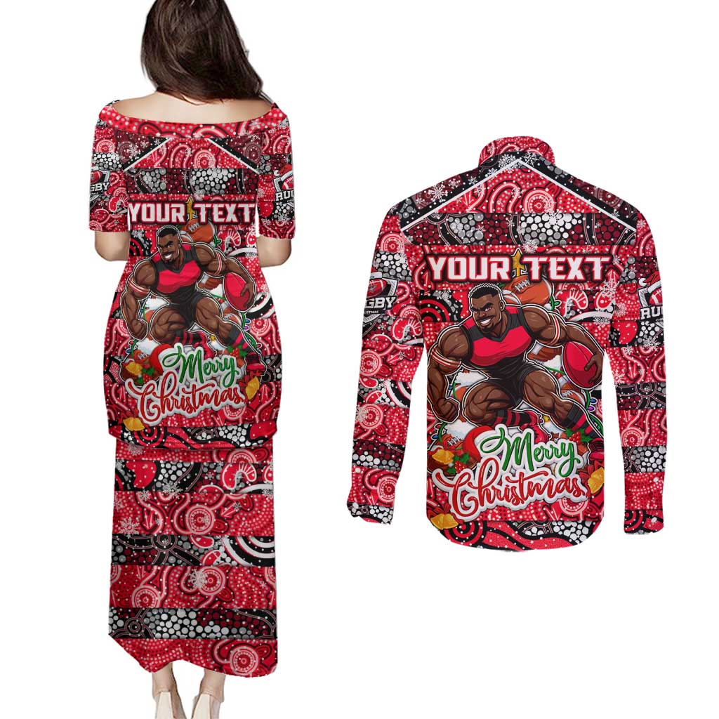 Custom Bombers Rugby Merry Christmas Couples Matching Puletasi and Long Sleeve Button Shirt Indigenous Australian Art