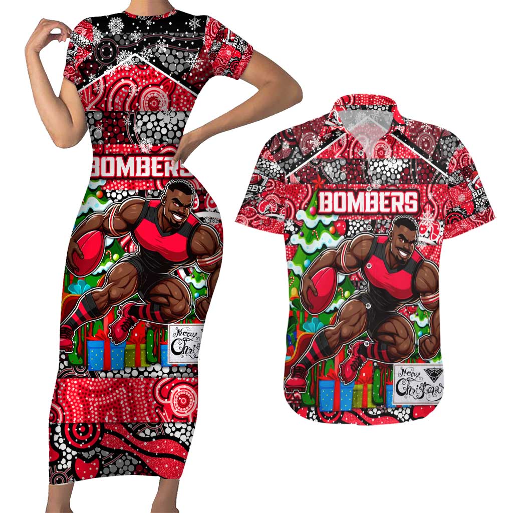 Custom Bombers Rugby Merry Christmas Couples Matching Short Sleeve Bodycon Dress and Hawaiian Shirt Indigenous Australian Art