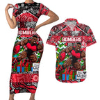 Custom Bombers Rugby Merry Christmas Couples Matching Short Sleeve Bodycon Dress and Hawaiian Shirt Indigenous Australian Art