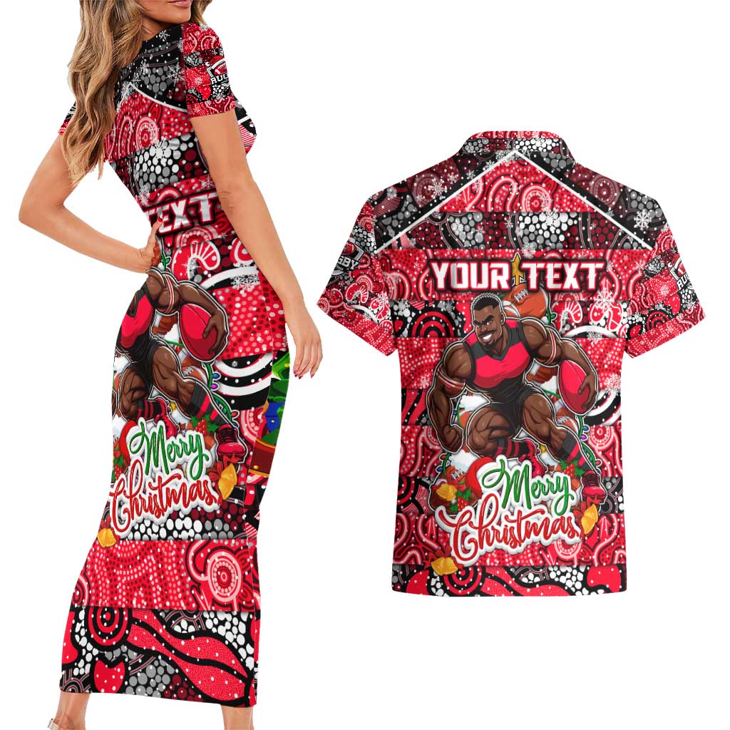 Custom Bombers Rugby Merry Christmas Couples Matching Short Sleeve Bodycon Dress and Hawaiian Shirt Indigenous Australian Art