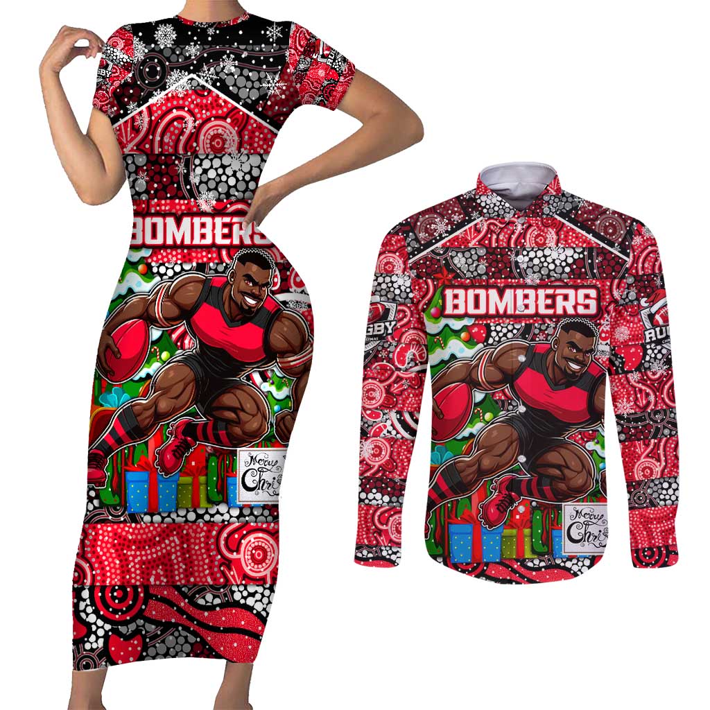 Custom Bombers Rugby Merry Christmas Couples Matching Short Sleeve Bodycon Dress and Long Sleeve Button Shirt Indigenous Australian Art