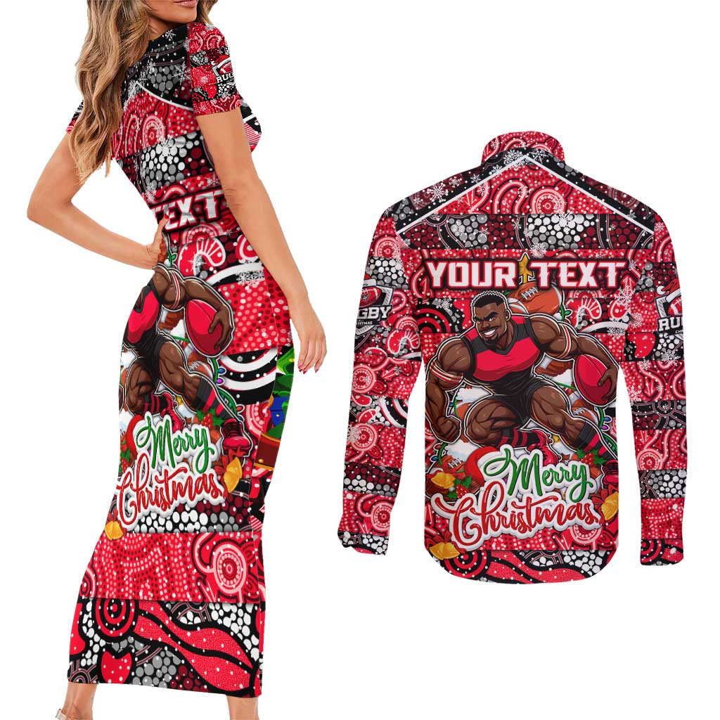 Custom Bombers Rugby Merry Christmas Couples Matching Short Sleeve Bodycon Dress and Long Sleeve Button Shirt Indigenous Australian Art