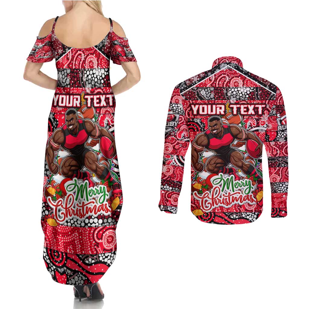 Custom Bombers Rugby Merry Christmas Couples Matching Summer Maxi Dress and Long Sleeve Button Shirt Indigenous Australian Art