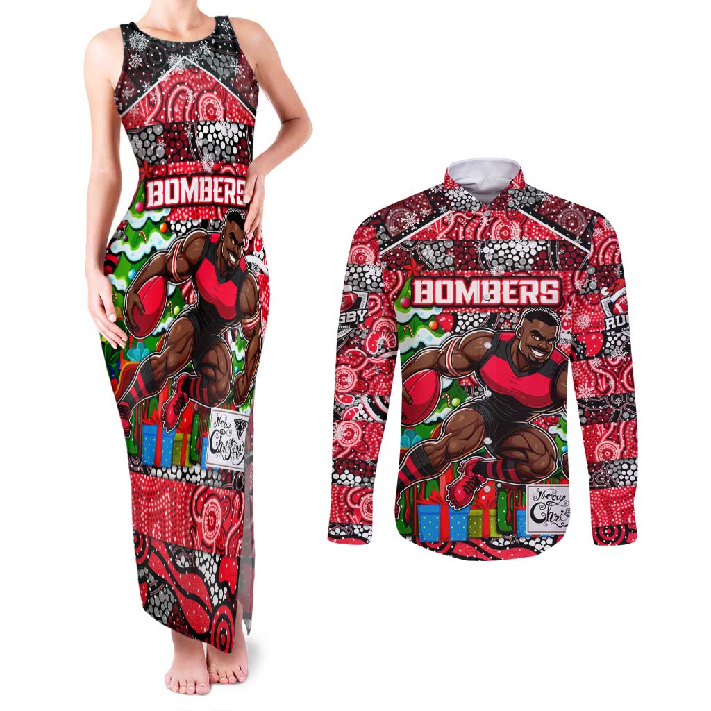 Custom Bombers Rugby Merry Christmas Couples Matching Tank Maxi Dress and Long Sleeve Button Shirt Indigenous Australian Art