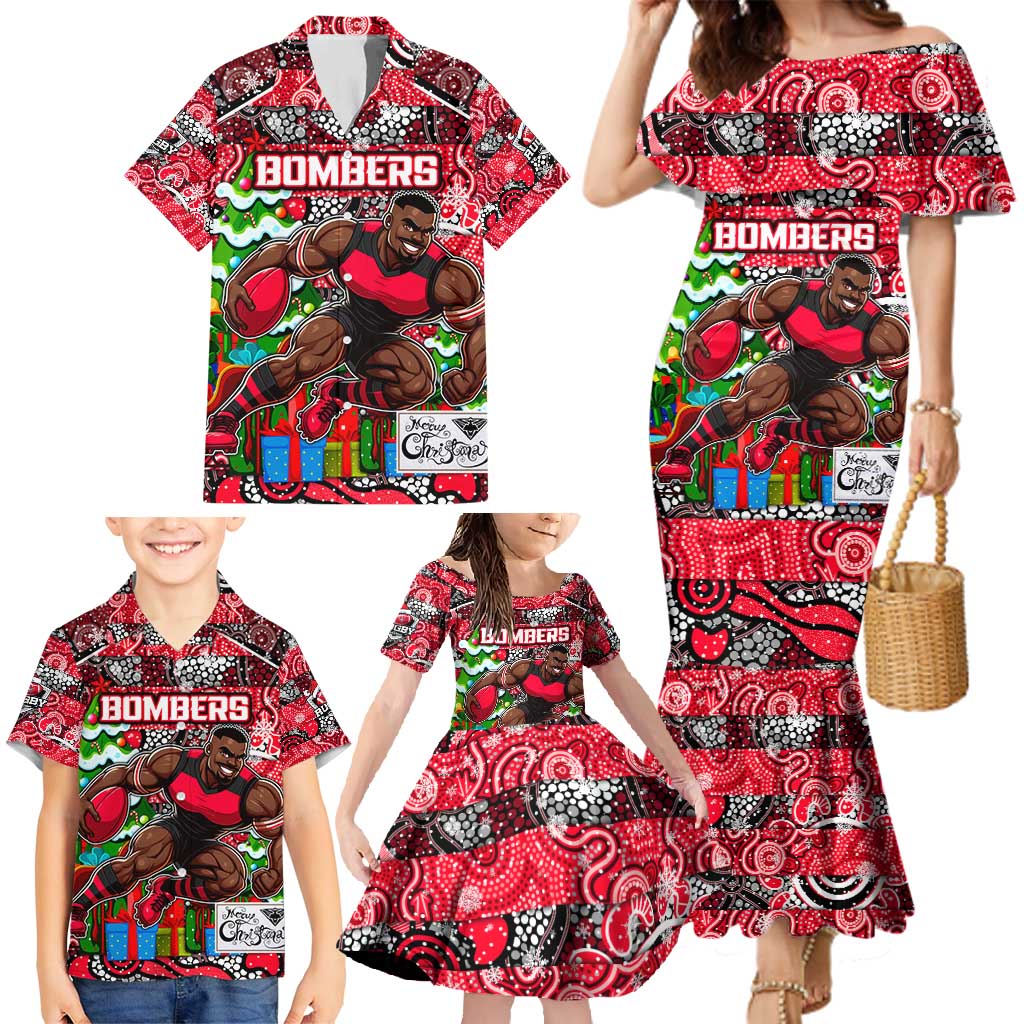 Custom Bombers Rugby Merry Christmas Family Matching Mermaid Dress and Hawaiian Shirt Indigenous Australian Art