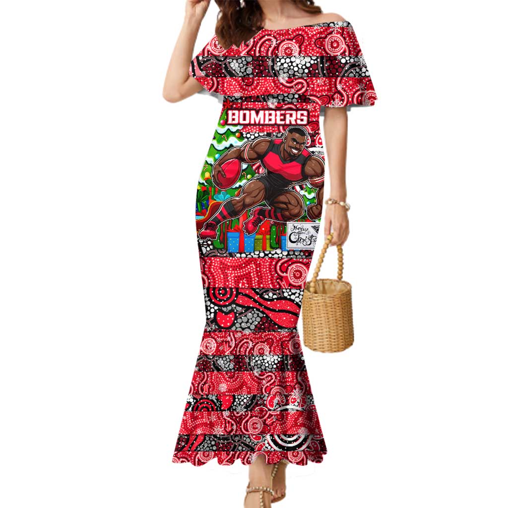 Custom Bombers Rugby Merry Christmas Family Matching Mermaid Dress and Hawaiian Shirt Indigenous Australian Art