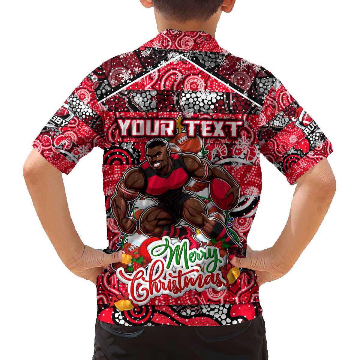 Custom Bombers Rugby Merry Christmas Family Matching Off The Shoulder Long Sleeve Dress and Hawaiian Shirt Indigenous Australian Art