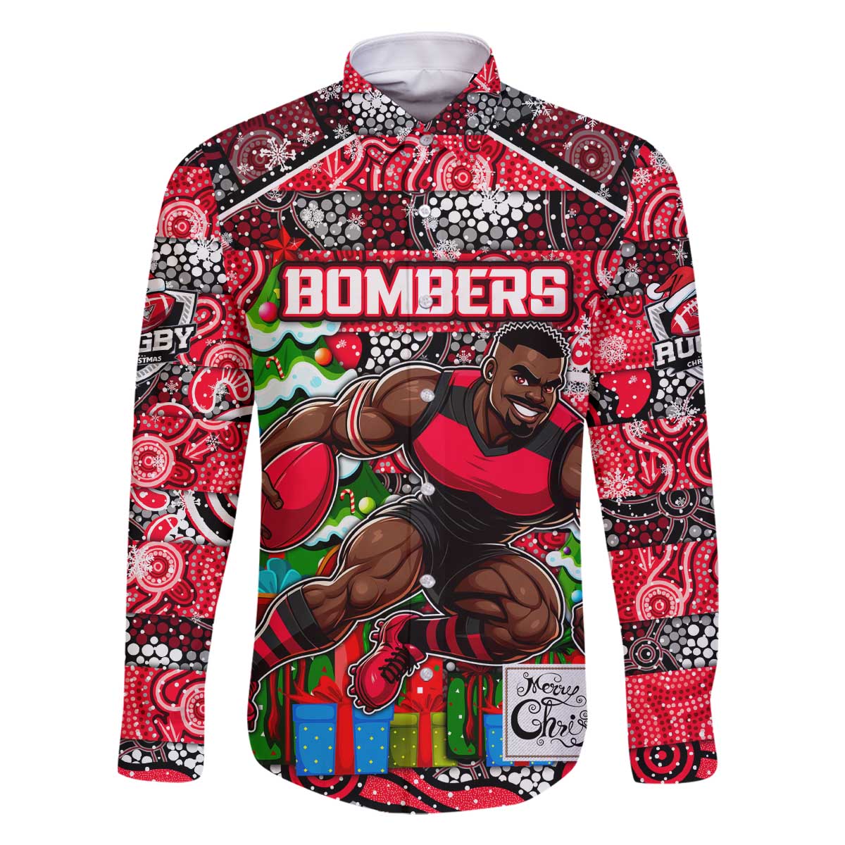 Custom Bombers Rugby Merry Christmas Family Matching Off The Shoulder Long Sleeve Dress and Hawaiian Shirt Indigenous Australian Art