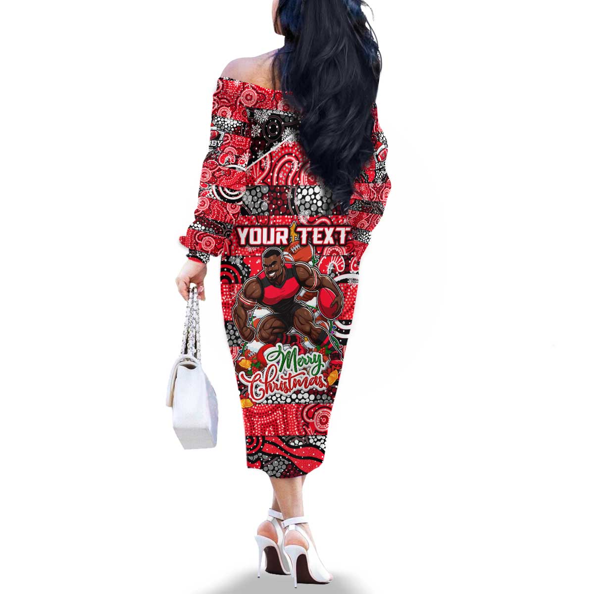 Custom Bombers Rugby Merry Christmas Family Matching Off The Shoulder Long Sleeve Dress and Hawaiian Shirt Indigenous Australian Art