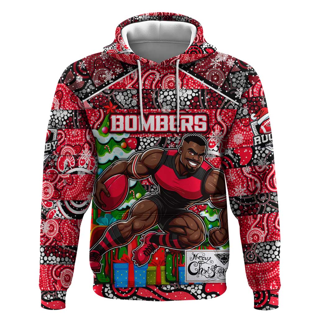 Custom Bombers Rugby Merry Christmas Hoodie Indigenous Australian Art