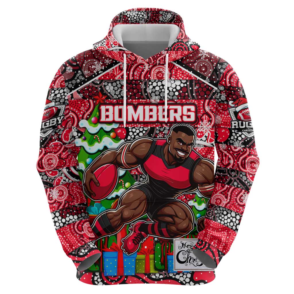 Custom Bombers Rugby Merry Christmas Hoodie Indigenous Australian Art