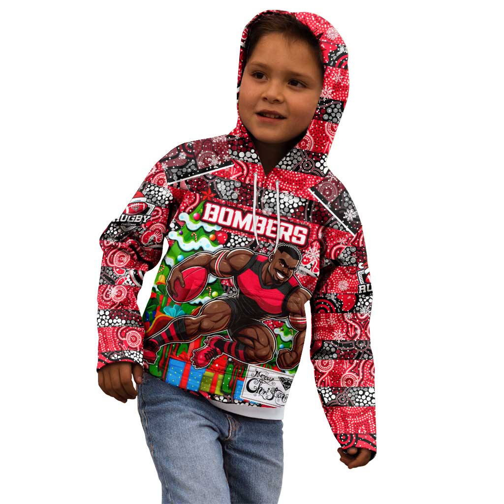 Custom Bombers Rugby Merry Christmas Kid Hoodie Indigenous Australian Art