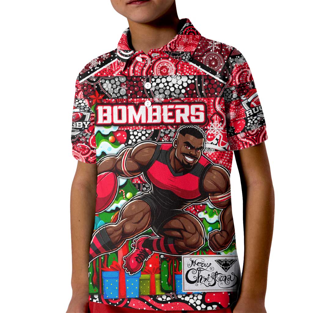 Custom Bombers Rugby Merry Christmas Kid Polo Shirt Indigenous Australian Art