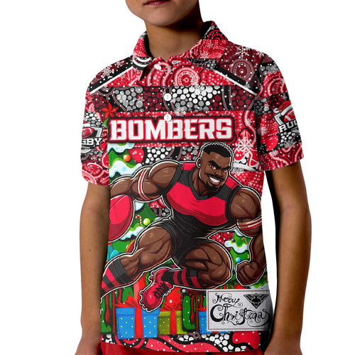 Custom Bombers Rugby Merry Christmas Kid Polo Shirt Indigenous Australian Art