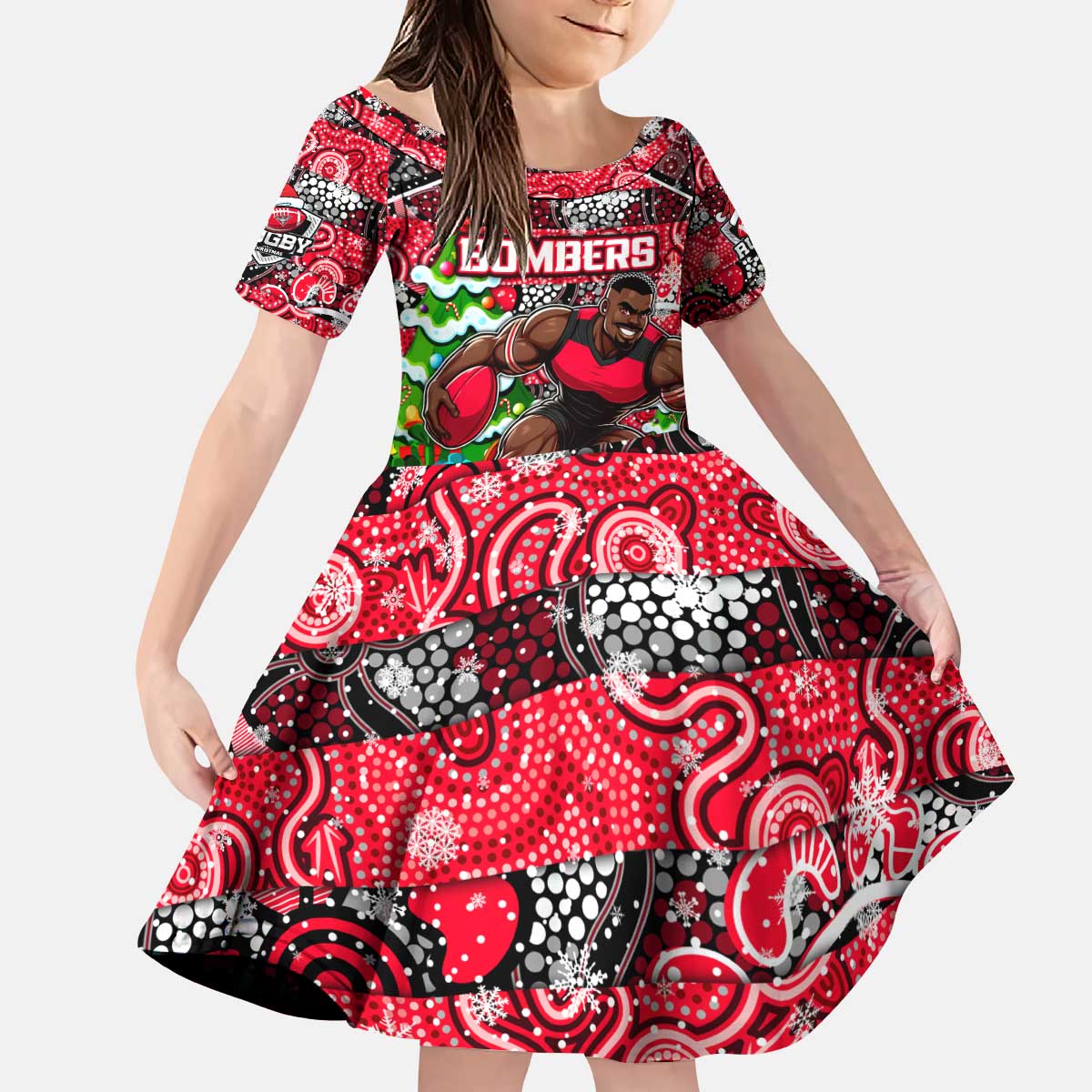 Custom Bombers Rugby Merry Christmas Kid Short Sleeve Dress Indigenous Australian Art