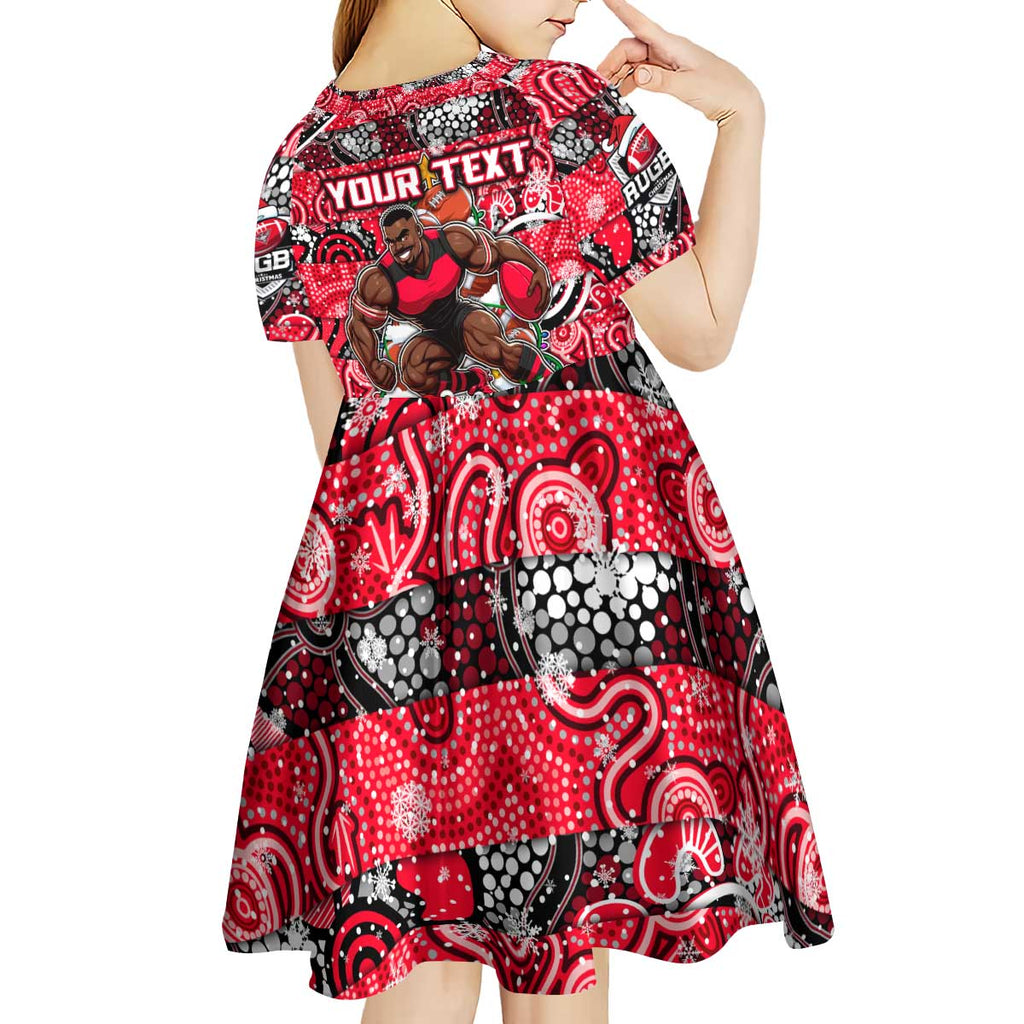 Custom Bombers Rugby Merry Christmas Kid Short Sleeve Dress Indigenous Australian Art